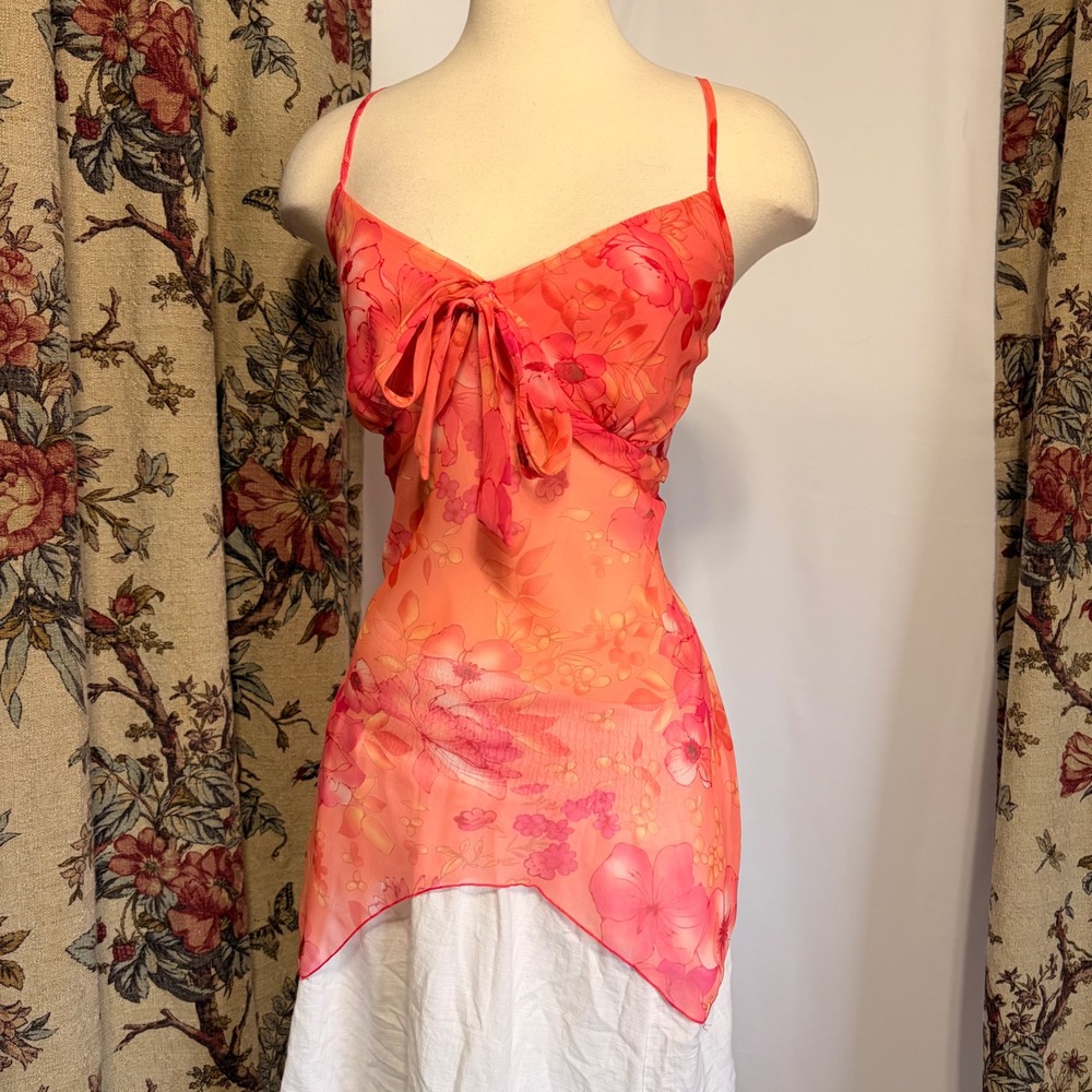 Fashion Bug Orange Floral Mesh Handkerchief Hem Cami Top Y2K Tropical Tie Front
